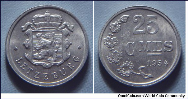 Luxembourg | 
25 Centimes, 1954 | 
19 mm, 0.76 gr. | 
Aluminium | 

Obverse: National Coat of Arms | 
Lettering: • LETZEBURG • |

Reverse: Denomination, date below | 
Lettering: 25 CMES 1954 |