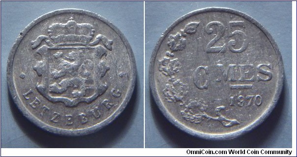 Luxembourg | 
25 Centimes, 1970 | 
19 mm, 0.76 gr. | 
Aluminium | 

Obverse: National Coat of Arms | 
Lettering: • LETZEBURG • |

Reverse: Denomination, date below | 
Lettering: 25 CMES 1970 |