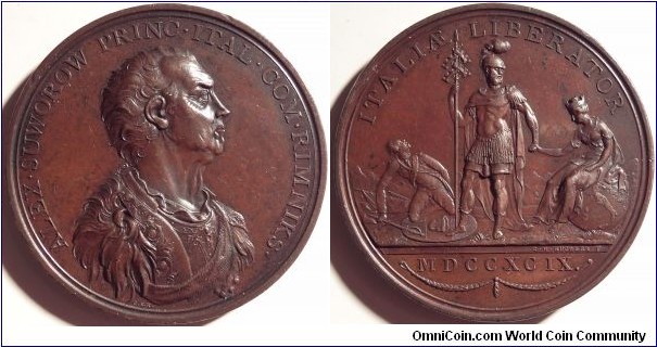 AE Medal commemorating Count Suvorov's victories over the French in Italy. Birmingham Mint. Britain.