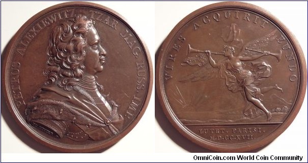 AE Medal commemorating visit of Peter the Great to the Paris Mint in 1717. Paris Mint by Du Vivier.