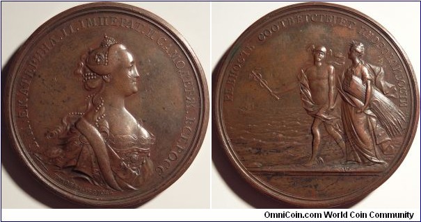 AE Medal for the Development of Agriculture. Obv. by Ivanow - Crowned bust of Catherine II. Rev. by Wächter - РЕВНОСТЬ СООТВЕТСТВУЕТ ПРОЗОРЛИВОСТИ (Diligence Corresponds with Sagacity) Mercury leading by the hand Agriculture with sheaf under her arm. Diakov 133.1