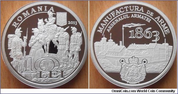 10 Lei - 150 years of the weapons factory - 31.1 g 0.999 silver Proof - mintage 500 pcs only !