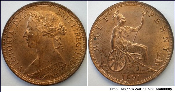 1891 Victoria Halfpenny. Practically full lustre with a few carbon spots