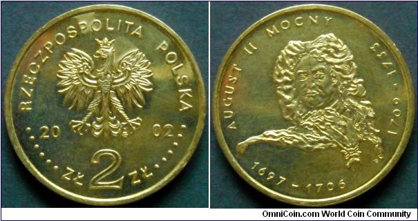 Poland 2 złote.
2002, Augustus II the Strong (August II. der Starke) 1670-1733. Elector of Saxony (as Frederick Augustus I) King of Poland and Grand Duke of Lithuania (1697-1706 and 1709-1733)