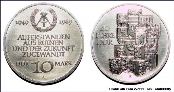 EAST GERMANY~10 Mark 1989 A. 40th Anniversary of the German Democratic Republic (East Germany). Mint: East Berlin