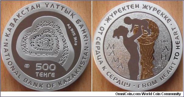 500 Tenge - Mother - 31,1 g 0.925 silver Proof (partially gilded) - mintage 5,000