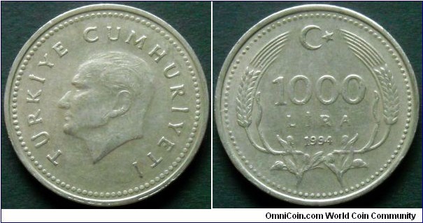 Turkey 1000 lira.
1994, Cu-ni-zn.
Weight; 8,01g.
diameter; 25,8mm.
Mintage: 61.515.000 pieces.