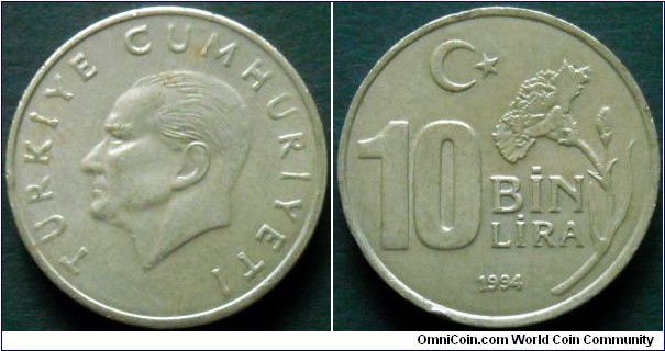 Turkey 10000 lira.
1994, Thick.