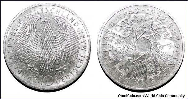WEST GERMANY~10 Deutsche Mark 1989 G. 40th Anniversary of the Federal Republic of Germany (West Germany). Mint: Karlsruhe