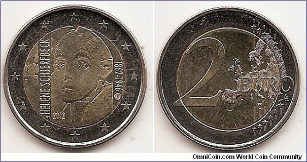 2 Euro
KM#182
8.5000 g., Bi-Metallic Nickel-Brass center in Copper-Nickel ring, 25.75 mm.Subject: 150th anniversary of the birth of the artist Helene Schjerfbeck Obv: The design shows a stylised self-portrait of the artist with the text Helene SCHJERFBECK on the left and the yearmarks 1862-1946 on the right. Left on the lower side of the coin are the yearmark 2012 and the country's reference FI, while twelve stars are depicted on the remainder of the outer ring. Rev: Value and map within circle Edge: Reeding with'SUOMI FINLAND', followed by three lion heads, Obv. designer: Erja Tielinen Rev. designer: Luc Luycx