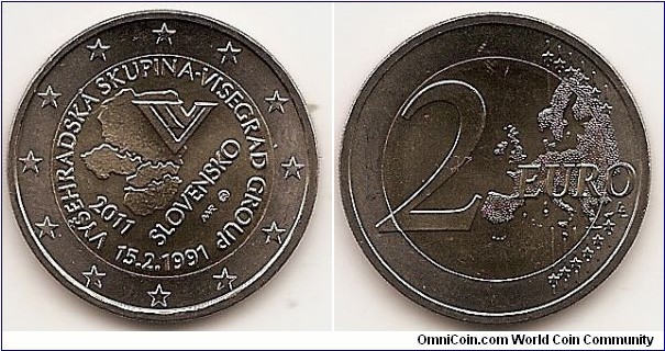 2 Euro
KM#114
8.5000 g., Bi-Metallic Nickel-Brass center in Copper-Nickel ring, 25.75 mm. Subject: 20th anniversary of the formation of the Visegrad Group Obv: The inner part of the coin depicts a map of the four countries that comprise the Visegrad Group (Czech Republic, Hungary, Poland and Slovakia). The map is supplemented by a stylized abbreviation V IV; the name of the issuing country SLOVENSKO is situated in the lower right part, and the year mark in the lower left part. The design is surrounded by the legend VYSEHRADSKA SKUPINA • VISEGRAD GROUP and the date of the foundation of the Visegrad Group 15. 2. 1991, while twelve stars are depicted on the remainder of the outer ring. Rev: Value and map within circle Edge: Reeding with 