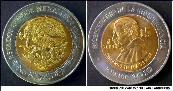 Maxico 5 pesos.
2009, Bicentenary of Independence - Servando Teresa de Mier. Bimetal.