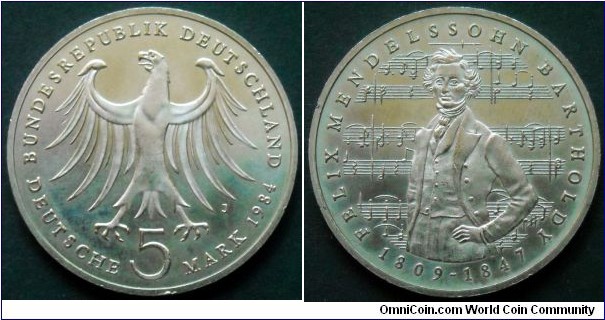 German Federal Republic (West Germany) 5 mark.
1984 (J) Felix Mandelssohn Bartholdy (1809-1847) 