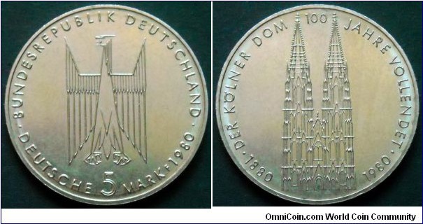 German Federal Republic (West Germany) 5 mark.
1980 (F) 100th Anniversary of finishing the building of Cologne Cathedral.