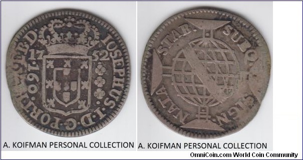 KM-168.2, 1752 Brazil 1752 160 reis, Lisbon mint (no mint mark); silver, reeded or corded edge; very good or about, slight crimp at the edge, not a common coin