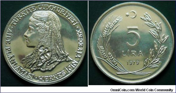Turkey 5 lira.
1979, F.A.O. Stainless steel.
Weight; 11g.
Diameter; 32,9mm.
Mintage: 20.000 pieces.