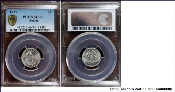 KM-178, 1935 5 centavos; copper-nickel, plain edge; PCGS graded MS 66
