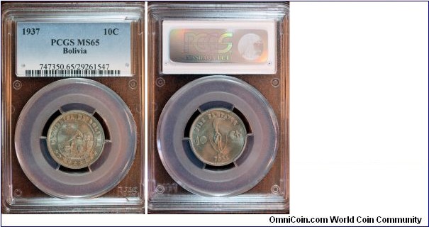 KM-180, 1937 Bolivia 10 centavos; copper-nickel, plain edge; PCGS graded MS 65.