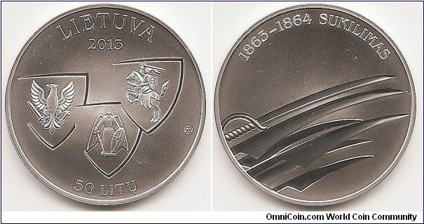 50 Litu
KM#197
Coin dedicated to the 150th Anniversary of the 1863–1864 Uprising. The obverse of the coin bears the coats-of-arms of the 1863–1864 Uprising with the inscriptions LIETUVA (Lithuania) and 2013 above it, and 50 LITŲ (50 litas) at the bottom. Also featured on the coin is the mintmark of the Lithuanian Mint. The reverse of the coin bears artistically depicted arms; at the top, the inscription 1863-1864 SUKILIMAS (the 1863–1864 Uprising) is written in a semi-circle. Silver Ag 925; quality — proof; diameter — 38.61 mm; weight — 28.28 g. On the edge of the coin: LAISVĖ*LYGYBĖ*NEPRIKLAUSOMYBĖ* (FREEDOM*EQUALITY*INDEPENDENCE). Designed by Vidmantas Valentas and Giedrius Paulauskis. Mintage 3,000 pcs. Issued 22.01.2013. The coin was minted at the state enterprise Lithuanian Mint.
