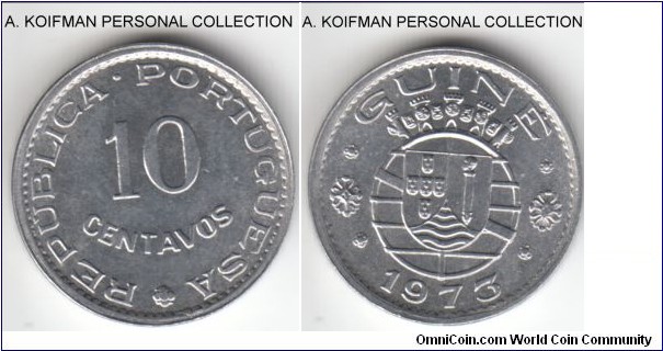 KM-12, 1973 Portuguese Guinea 10 centavos; aluminum, plain edge; uncirculated, small mintage of 100,000.