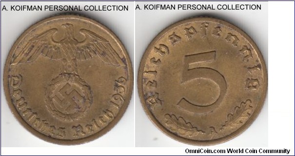 KM-91, Germany (Third Reich) 5 reichspfennig, Berlin mint (A mint mark); aluminum-bronze, reeded edge; good extra fine or better, scarce first year mintage.