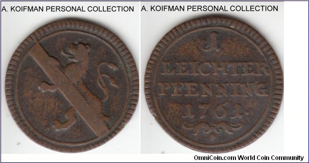 KM-128, 1761 German States Bamberg pfenning; copper; well worn, probably very good.