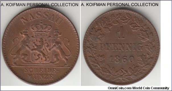 KM-73, 1860 German States Nassau pfennig; copper, plain edge; uncirculated or alsmost, red obverse and darker toned reverse.