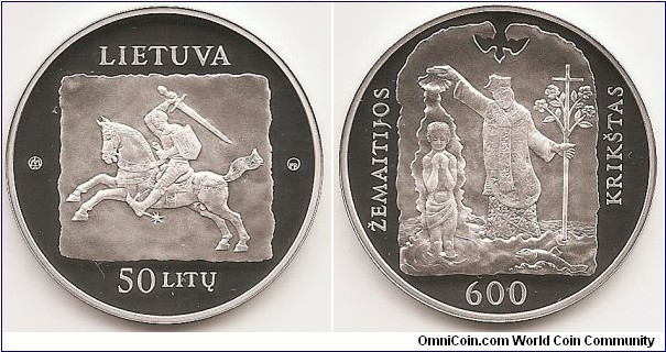 50 Litu
KM#194
Coin dedicated to the 600th anniversary of the christening of Samogiti. The obverse of the coin features a stylized Vytis, the state emblem of the Republic of Lithuania in the centre; the inscription LIETUVA (Lithuania) above it; the denomination 50 LITŲ (50 litas) at the bottom. The mintmark of the Lithuanian Mint is on the obverse of the coins. On the reverse of the coins, a symbolic fragment of christening is artistically depicted in the center, the inscriptions ŽEMAITIJOS KRIKŠTAS (eng. SAMOGITIA CHRISTENING) and 600 are arranged around the fragment. Silver Ag 925; quality — proof; diameter — 38.61 mm; weight — 28.28 g. On the edge of the coin:  CONVERSIO CHRISTIANA SAMOGITIAE MCDXIII (eng. CONVERSION TO CHRISTIANITY OF SAMOGITIA 1413). Designed by Petras Repšys. Mintage 3,000 pcs. Issued 2013-09-06. The coin was minted at the state enterprise Lithuanian Mint.