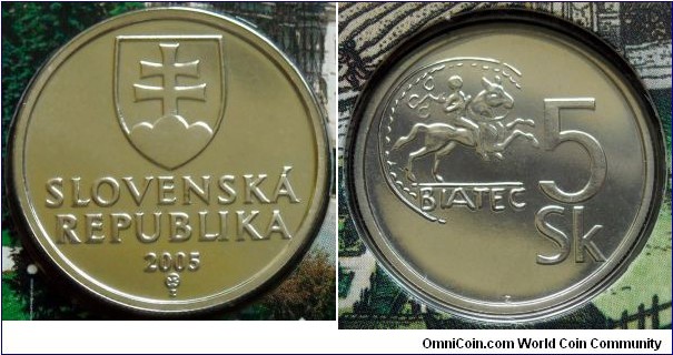 Slovakia 5 korun from 2005 mintset. 
Only issued in sets.
Mintage: 26.000 pieces.
