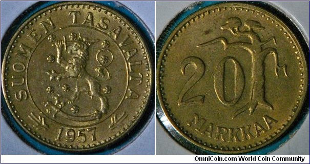 20 Markka, with Finnish lion & Finnish pine tree on back, 22 mm, Al-Bronze