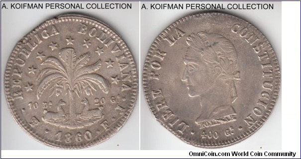 KM-138.6, 1860 Bolivia 8 soles, Potosi mint (PTS mint mark in monogram); silver, reeded and lettered edge; with the flan defect at the edge and a possibly rusty die aread above the head, this piece has quite clear details and is probably good extra fine to about uncirculated.