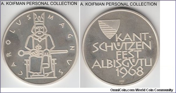 1968 Switzerland Albisguetli (Zurich) cantonal shooting medal; silver, reeded edge; 15 grams proof like medal, lightly toned in places; Kapelli-SZ/18.