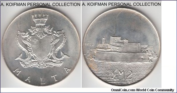 KM-14, 1972 Malta 2 pounds; silver, reeded edge; mintage 53,000 bright uncirculated specimen, nice.