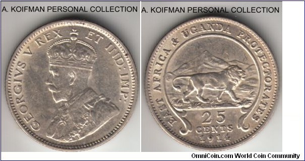 KM-10, 1914 East Africa 25 cents, Heaton mint (H mint mark); silver, reeded edge; uncirculated or almost, scarcer year with mintage of 80,000.