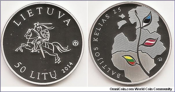 50 Litu
KM#200
Coin dedicated to the 25th anniversary of the Baltic Way (from the series “Lithuania’s Road to Independence”). The obverse of the coins features the Vytis, stylised coat of arms of the State of Lithuania in the centre; the inscription LIETUVA (LITHUANIA) is placed at the top; the denomination 50 LITŲ (50 litas) and the year of issue 2014 are placed at the bottom. The mintmark of the Mint is impressed on the obverse of the coins. On the reverse of the coins — a composition of geographical images of the three Baltic States, with an artistic depiction of a road connecting them; the inscription BALTIJOS KELIAS 25 (BALTIC WAY 25) is on the left. The mark of the designer is impressed on the reverse. Silver Ag 925; quality — proof; diameter — 38.61 mm; weight — 28.28 g. On the edge of the coin: EESTI LATVIJA LIETUVA (ESTONIA, LATVIA, LITHUANIA). Designed by Eglė Ratkutė ir Giedrius Paulauskis. Mintage 4,000 pcs. Issued 19.08.2014. The coin was minted at the state enterprise Lithuanian Mint.