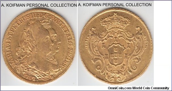KM-199.2, 1782 Brazil 6400 reis, Rio mint (R mint mark); gold, corded edge; high grade, probably uncirculated or almost, nice coin.