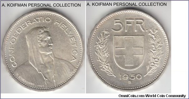 KM-40, 1950 Switzerland 5 francs, Berne mint (B mint mark); silver, lettered edge; average uncirculated, mintage 482,000.