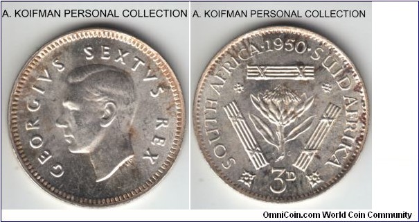 KM-35.1, 1950 South Africa (Dominion) 3 pence; silver, plain edge; bright very high grade uncirculated coin with few toning spots.