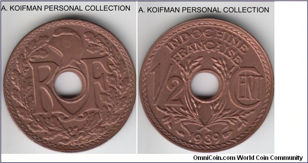 KM-20, 1939 French Indochina 1/2 centime, Paris mint (no mint mark); bronze, plain edge; nice bright uncirculated.