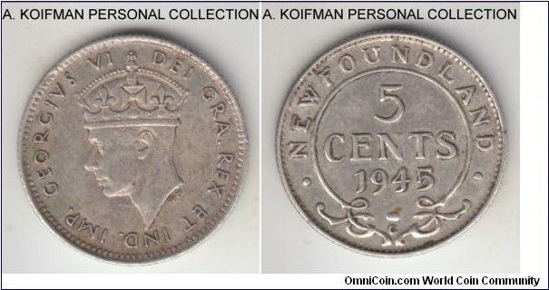 KM-19a, 1945 Newfoundland 5 cents, Ottawa mint (C mintmark); silver, reeded edge; about extra fine.