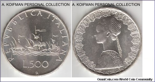 KM-98, 1969 Italy 500 lire, Roma mint (R mint mark); silver, lettered edge; smaller mintage of 300,000.