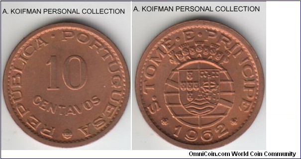 KM-15, 1962 San Thomas and Prince 10 centavos; bronze, plain edge; red uncirculated.