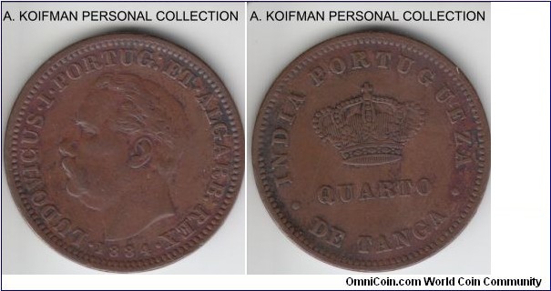 KM-308, 1884 Portuguese India 1/4 (quarto) tange; copper, plain edge; very fine.