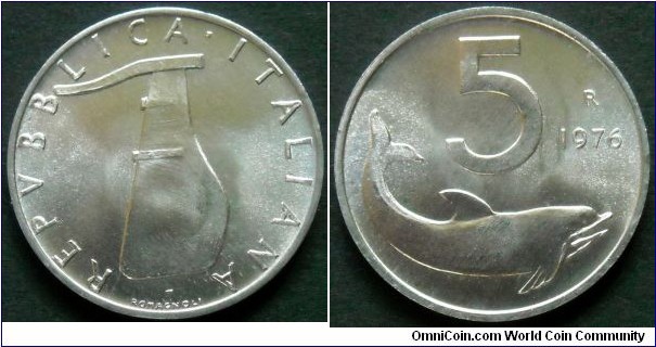 Italy 5 lire.
1976, Al.
Weight; 1g.
Diameter; 20,3mm.
Mint Rome.
Mintage: 9.000.000 pieces.