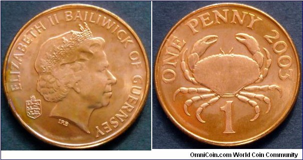 Guernsey 1 penny.
2003, Copper plated steel. 
Weight; 3,56g.
Diameter; 20,32mm.
Mintage: 1.302.600 pieces.