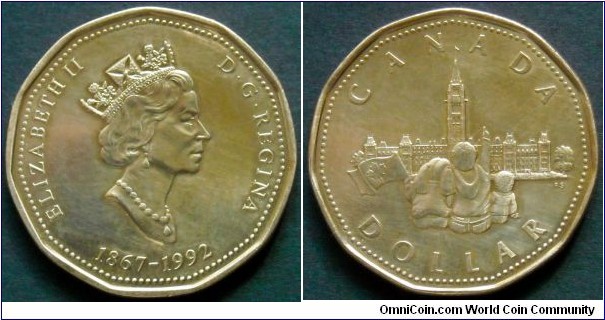 Canada 1 dollar.
1992, 125th Anniversary of Canadian Confederation.