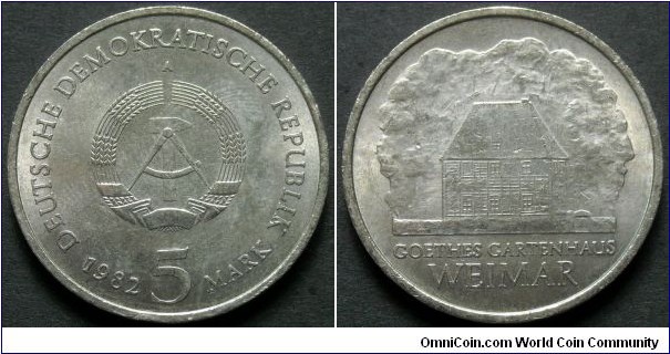 German Democratic Republic (East Germany) 5 mark.
1982, Goethes Weimar Cottage.