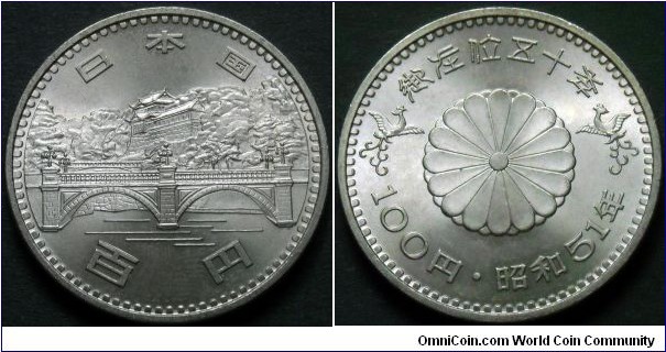 Japan 100 yen.
1976, 50th Anniversary of reign. 
Golden Jubilee of Emperor Hirohito.