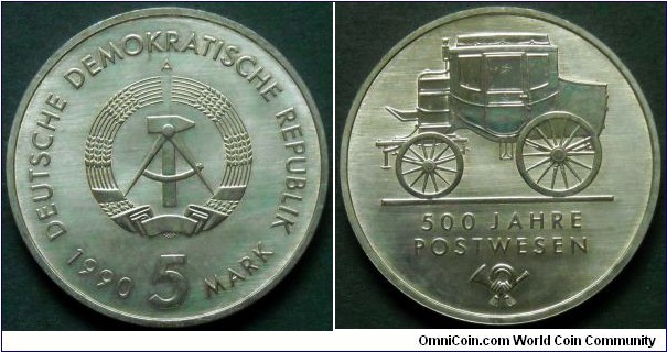 German Democratic Republic (East Germany) 5 mark.
1990, 500th Anniversary of Mail Services.