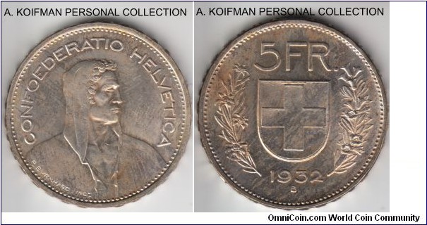 KM-40, 1932 Switzerland 5 francs, Bern mint (B mint mark); silver, lettered edge; average uncirculated, toning, but bright, the scanner does not show it correctly.